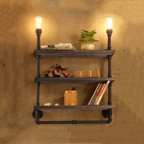 Estantería de pared para libros de 3 capas luz Steampunk luz industrial Loft hierro madera aplique de pared para restaurante dormitorio pasillo café Luz ► Foto 1/6