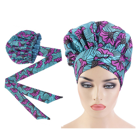 Gorro de satén con estampado africano para mujer, turbante de doble capa con cinta larga, cubierta para el pelo con estampado de Ankara, gorro envolvente para el cabello de gran tamaño ► Foto 1/6