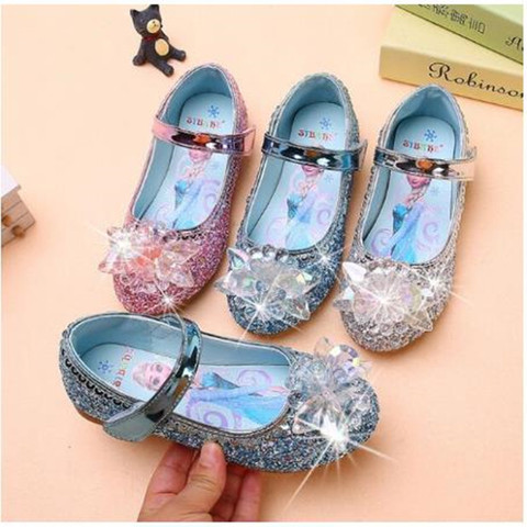 Disney Frozen-zapatos planos de princesa para niñas, zapatos de baile de cuero Pu A la moda, sandalias con lazo de lentejuelas, zapatos de Elsa ► Foto 1/6