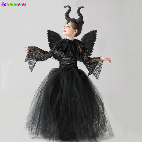 Las chicas malvada bruja de Halloween vestido negro vestido de tutú con pluma mantón niños reina oscura villano Cosplay disfraces de maléfica vestido ► Foto 1/6