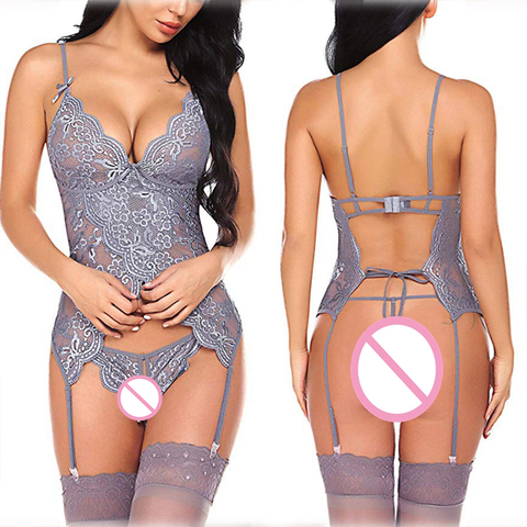 Vestido de picardías transparente de encaje para mujer, trajes sexuales, ropa interior Porno sensual, corsé con corpiño, lencería Sexy ► Foto 1/6