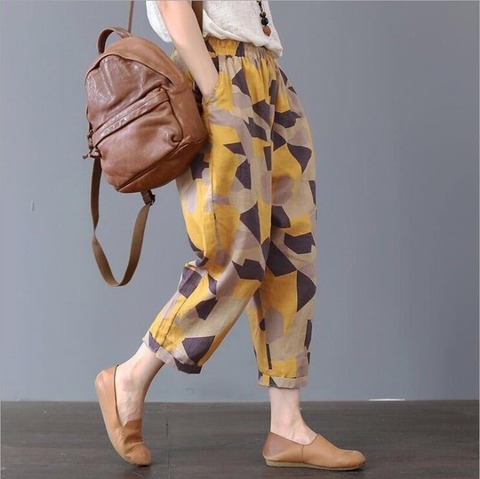 Pantalones de lino informales de talla grande para mujer, calzas harén de lunares Vintage con cintura elástica estampada, de nabo, 2022 ► Foto 1/6