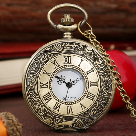Reloj de bolsillo de cuarzo hueco con números romanos grabados en bronce, colgante de collar clásico antiguo, regalo con cadena ► Foto 1/6