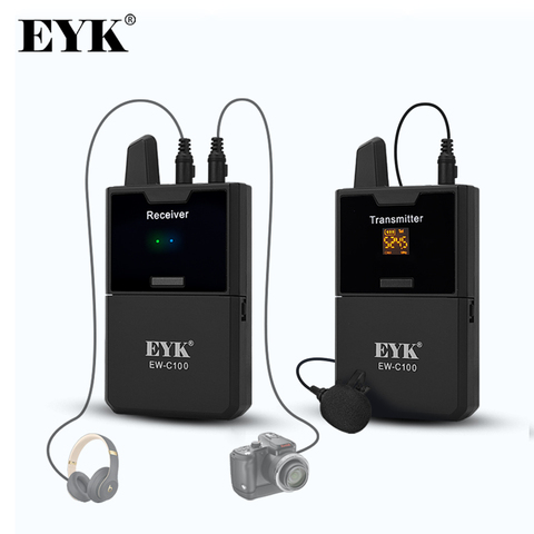 EYK EW-C100, micrófono de cámara, micrófono de solapa inalámbrico UHF, con función de monitor, para teléfonos inteligentes Cámaras DSLR, adecuado para entrevistas en la calle, grabación de podcast, transmisión en vivo ► Foto 1/6