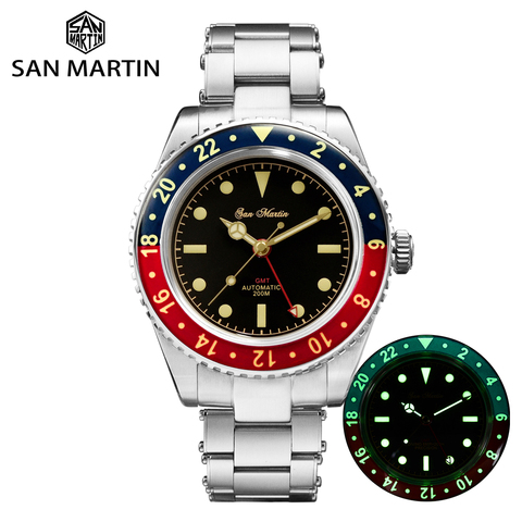 Reloj mecánico automático San Martin Diver Retro GMT para hombre, pulsera con remaches de zafiro de lujo, impermeable, luminoso, 20Bar ► Foto 1/6