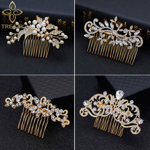 Peines de pelo de boda de Color dorado para mujer, tocado de perlas de cristal, horquillas, accesorios para el cabello, joyería para el cabello de fiesta ► Foto 1/6