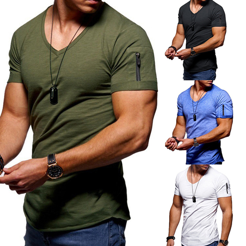 Nuevo de verano de manga corta con cremallera camiseta casual de hombre Casual cuello V camiseta de moda de los hombres ropa de calle de Fitness camisetas Tops tamaño S-2XL ► Foto 1/6