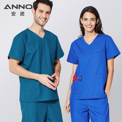 ANNO Scrubs Set con mangas cortas Unisex enfermería Scrub traje mujeres hombres enfermera uniforme ropa clínica uniformes Hospital crecido ► Foto 1/6