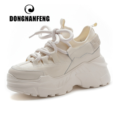 DONGNANFENG-Zapatillas de piel auténtica para mujer, zapatos femeninos de LICRA blanca, con plataforma y cordones, plantilla aumentada ► Foto 1/5