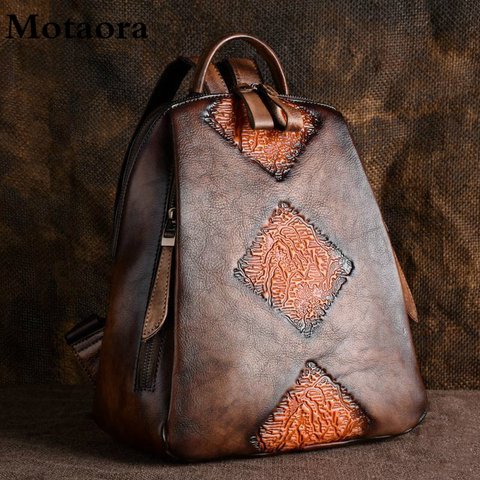 Hecho a mano Retro Floral en relieve, mochila para mujeres de piel de vaca de cuero genuino de las mujeres de la moda bolsa de Color sólido Muti-función mochilas ► Foto 1/6