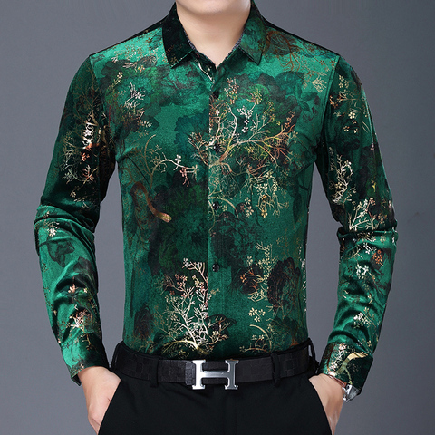 Camisas de terciopelo verde de talla grande para hombre, Vestidos Rojos de talla grande, ropa de flores de terciopelo, camisas para padres, blusa para invierno ► Foto 1/4