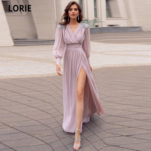 LORIE princesa Vestidos de Noche de gasa con pedrería de baile vestido de fiesta de talla grande 2022 de manga larga con cuello en V Formal vestido de noche con Split ► Foto 1/4