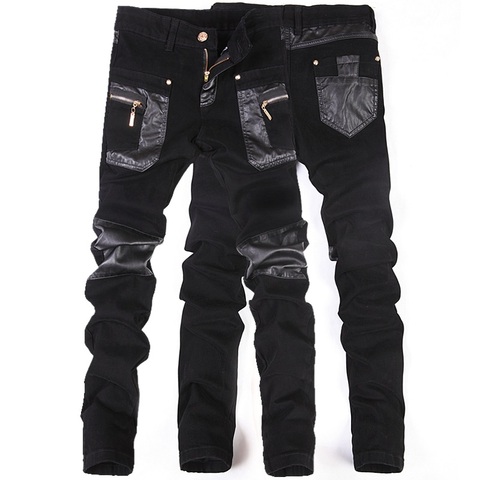 Pantalones de cuero para hombre, Jeans de motocicleta ajustados informales de retales, de alta calidad, talla 28 a 36, nueva moda ► Foto 1/5