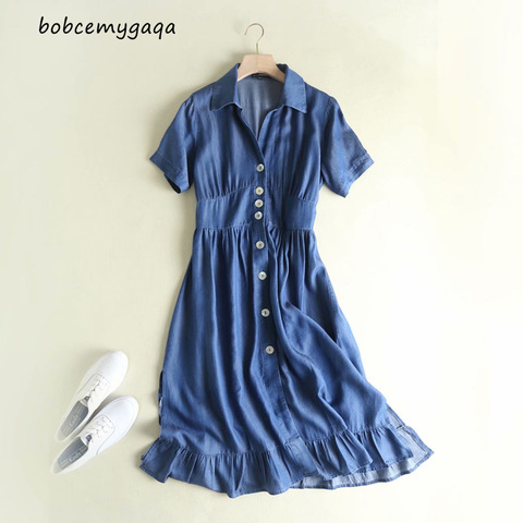Verano denim vestido de Camisa larga las mujeres abotonada de manga corta cuello plisado casual suave azul Jeans vestidos de algodón ► Foto 1/6