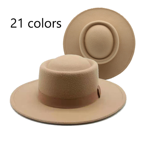 Sombrero fedora con cinta de mujeres, cinturón clásico formal, sombreros de mujer, ala ancha, pie de cerdo, top redondo, Blanco, Negro, fieltro, invierno, nuevo ► Foto 1/6