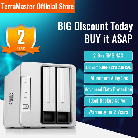 TerraMaster-Almacenamiento en la nube de 2 puertos, F2-221 NAS, Intel Dual Core, 2,0 GHz, Plex, servidor multimedia, almacenamiento de red (sin disco) ► Foto 1/6