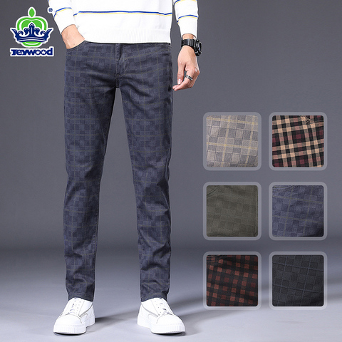 Jewood-Pantalones informales ajustados a cuadros para hombre, ropa clásica elástica de alta calidad, 98% algodón, talla grande 40 42 ► Foto 1/6