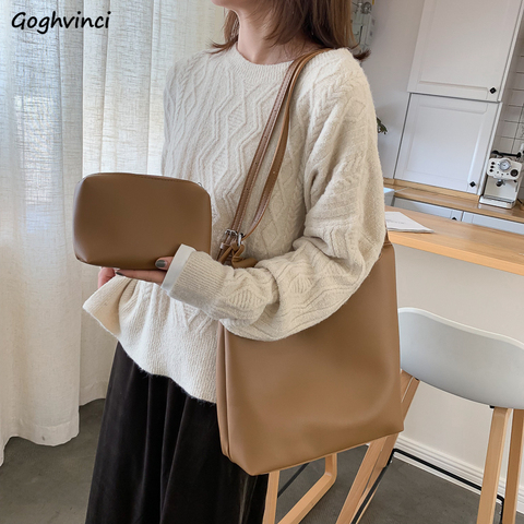 Bolsas de compras de las mujeres PU de gran capacidad de moda elegante Chic liso Simple Daily Shopper Oficina Vintage Ulzzang mujer elegante nuevo ► Foto 1/6