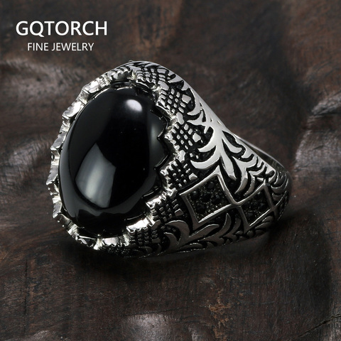 Anillo de plata de primera ley con flores para hombre, sortija negra, plata esterlina 925, estilo Retro, turco, con piedras, joyería de Turquía ► Foto 1/6