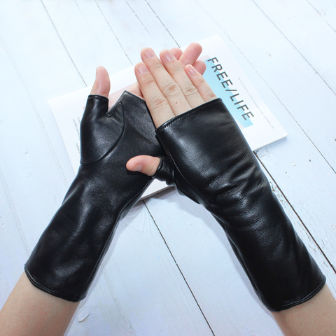 Bickmods-guantes largos sin dedos para mujer, de piel de oveja negra, para conducir al aire libre, primavera y otoño, 2022 ► Foto 1/6