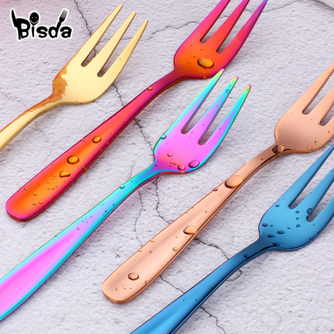 1Pc de la fruta Tenedor de acero inoxidable 18/10 pequeñas Horquillas para el postre Arco Iris pequeña tenedor para te Mini oro horquillas pastel de vajilla ► Foto 1/6