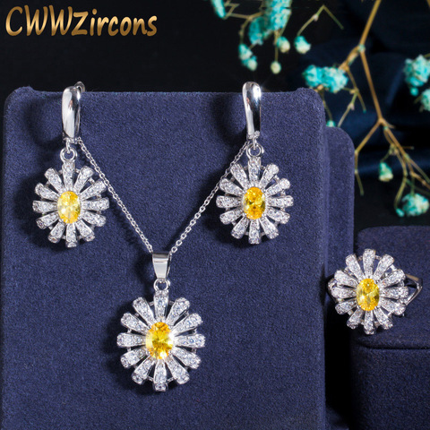 CWWZircons 3 piezas Cubic Zirconia collar pendiente anillo Set moda 925 joyas de plata de la flor para las señoras T281 ► Foto 1/6