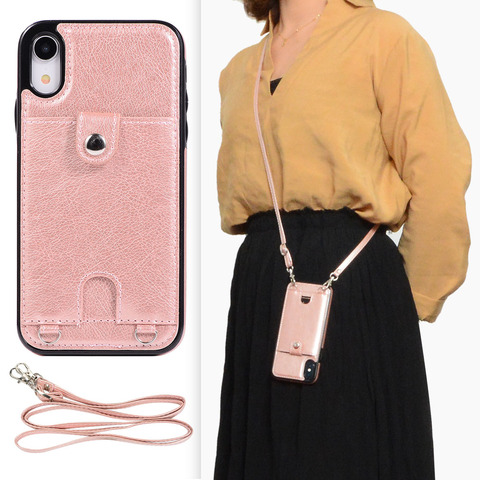 Funda de teléfono de cuero PU con cadena y Collar para iPhone, 11 Pro, XS, Max, 7, 8, 6, 6s Plus, XR, X, Correa colgante, cordón, funda de cuerda con bolsa para tarjeta ► Foto 1/6