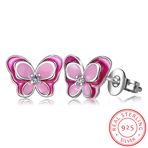 Pendientes pequeños de mariposa esmaltados para niñas y bebés, joyería de fiesta, color rosa y plateado, 925 ► Foto 1/6