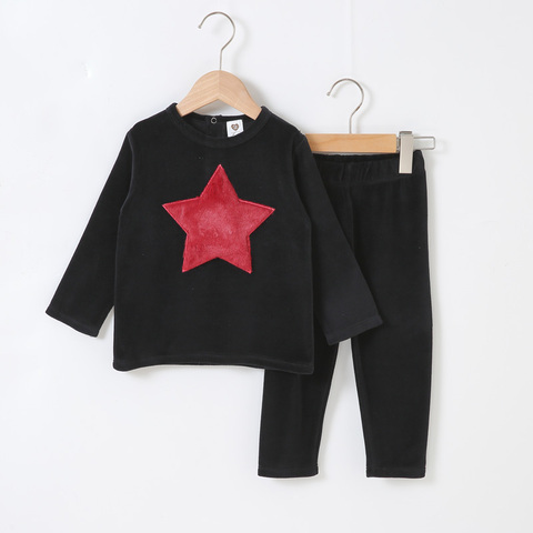 Ropa de bebé 2022, conjunto de top y pantalón largo, conjunto informal para niños con parches de estrella y corazón, ropa para niños, ropa de moda de color negro ► Foto 1/6