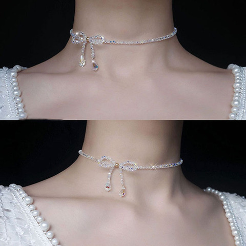 AOMU-collar de cristal transparente con perlas nuevo, Gargantilla Vintage con lazo grande, elegante, cadena corta, joyería para fiesta ► Foto 1/6