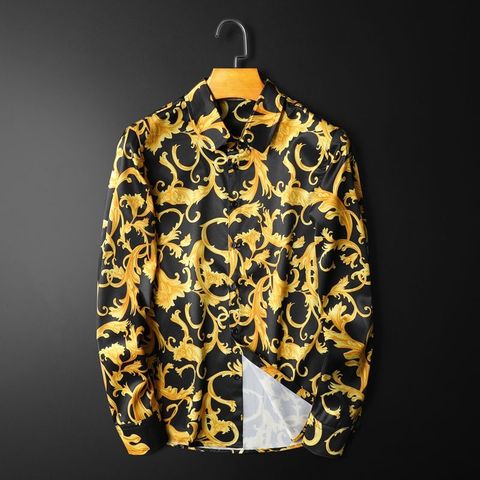 Camisa con estampado de Cachemira de color dorado para otoño, Camisa informal de manga larga con estampado de Cachemira de color dorado y negro, Camisa ajustada para hombre 5xl ► Foto 1/6