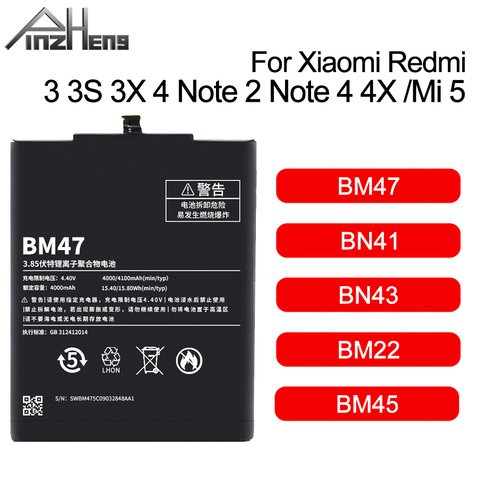 PINZHENG BM45 BM47 BN43 BM22 BN41 batería para Xiaomi Redmi Note 3 3S 3X 4 Nota 2 Nota 4 4X batería para Xiaomi MI 5 ► Foto 1/6