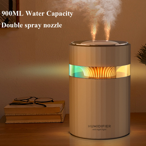 Humidificador de aire USB de doble boquilla, máquina de niebla con capacidad de agua de 900ML, nebulizador ultrasónico con luz nocturna colorida ► Foto 1/6