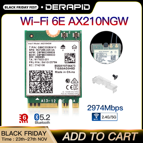 Tarjeta WiFi AX210 NGFF M.2 WiFi de 2400Mbps, Bluetooth 5,2, WI-FI 6E, adaptador de red inalámbrico 2,4 Ghz/5G 802.11AX para Windows 10 Linux ► Foto 1/6