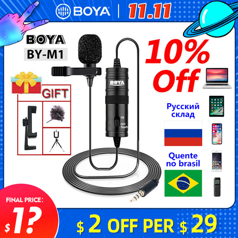 BOYA BY-M1-micrófono con solapa para grabación, Mini Audio con Clip de 6m, condensador de cuello de 3,5mm, para cámaras DSLR Canon / iPhone ► Foto 1/6