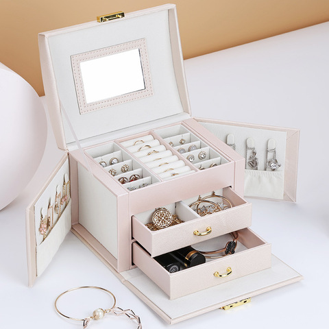 2022 nueva caja de joyería de lujo de tres niveles con espejo caja de almacenamiento de hilo de seda portátil pendientes de botón anillo caja de joyería ► Foto 1/6