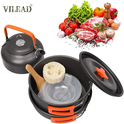 VILEAD portátil Camping olla Pan Kettle Set de aleación de aluminio al aire libre vajilla utensilios de cocina 3 unids/set tetera cocina herramienta para Picnic barbacoa ► Foto 1/6