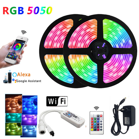 Tira de luces LED RGB 5050, cinta inalámbrica con WiFi, 5M, 10M, 15M, Flexible, funciona con Alexa, Google Home, adaptador de CC de 12V, EU ► Foto 1/6