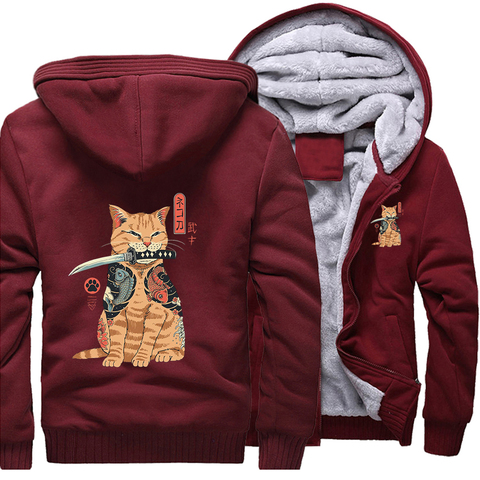 Sudaderas holgadas de estilo japonés con diseño de gato y espada samurái para invierno, chaquetas cálidas para la calle, abrigo grueso con capucha para hombres, sudaderas ajustadas estampadas ► Foto 1/6