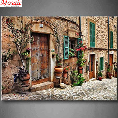 Pintura de bordado de diamantes 5D de paisaje de ventana, puerta de flores de ciudades del Mediterráneo antiguo, taladro redondo completo, decoración de mosaico artesanal ► Foto 1/6