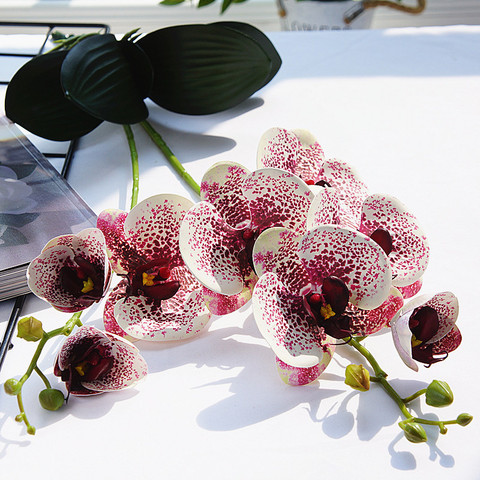 Orquídea de látex de lujo con hojas, flores artificiales, mariposa blanca, orquídeas falsas, flores para decoración de hogar y boda ► Foto 1/4