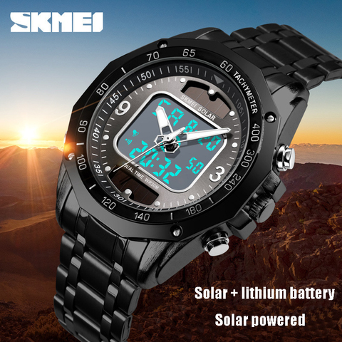 Reloj de pulsera de acero multifuncional para hombre, cronógrafo electrónico de doble movimiento, a la moda, con energía Solar, para negocios ► Foto 1/6