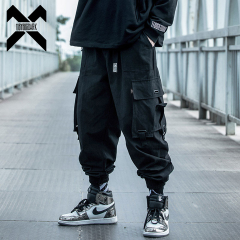 Tamaño de los hombres corredor Streetwear tácticas de carga pantalones de moda Hip Hop pantalón de Color sólido Pantalones Hombre Pantalones de sudor Negro DG418 ► Foto 1/6