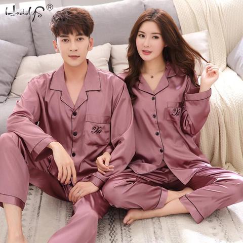 Conjunto de Pijama de satén de lujo para hombre y mujer, conjuntos de pijamas de seda para parejas, ropa de dormir familiar, traje de noche para enamorados, ropa de casa informal ► Foto 1/6