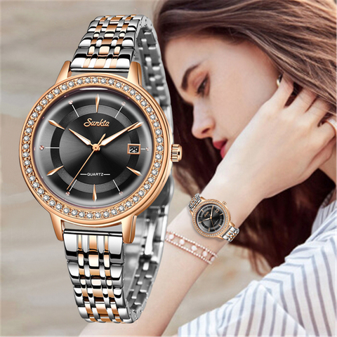 SUNKTA-relojes elegantes a la moda para mujer, reloj de lujo con diamantes, informal, de cuarzo, resistente al agua, femenino + caja ► Foto 1/6