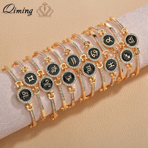 Pulseras de constelaciones del zodiaco para mujer, brazalete de moda negro, Gemini chapado en oro, cáncer, Leo Virgo, Libra, escorpio, 12 Uds. ► Foto 1/6