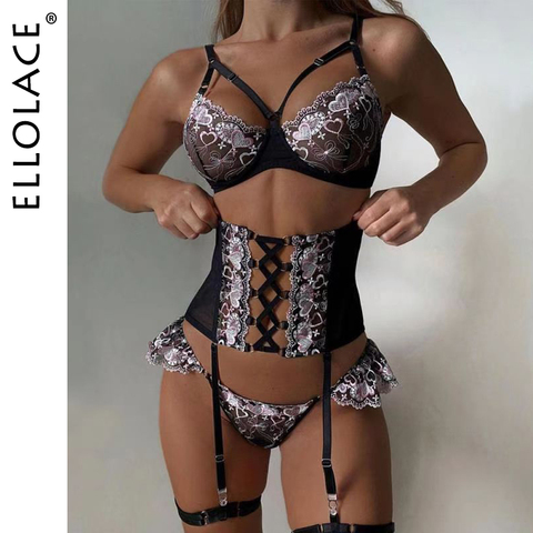 Ellolace Lenceria Floral Sexy ropa interior Mujer ropa interior con volantes Sensual mujer Lencería Sujetador Push up con huesos de ropa interior con cintura ► Foto 1/6