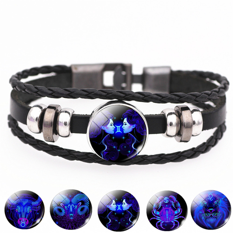 Pulsera de cuero con hebilla negra con signo del zodiaco de 12 Constelaciones, Leo Virgo Libra, joya de cúpula de cristal Punk tejida para hombre ► Foto 1/6