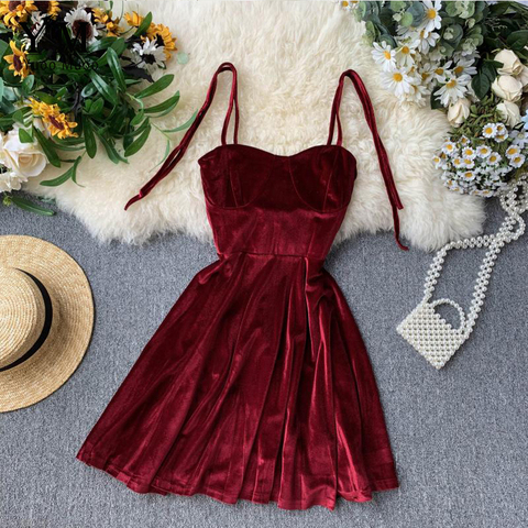 YuooMuoo elegante Vintage gótico Spaghetti Strap vestido 2022 temprano otoño básico mujeres vestidos cortos de fiesta Slim de cintura alta Mini vestido ► Foto 1/6