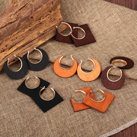 ZWC-pendientes de gota de madera con estilo geométrico Vintage para mujer, aretes grandes redondos de Color marrón, joyería 2022 ► Foto 1/6